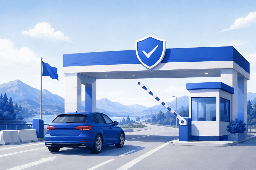 Illustration of a car at a modern border checkpoint with a raised barrier and a shield checkmark over the gate