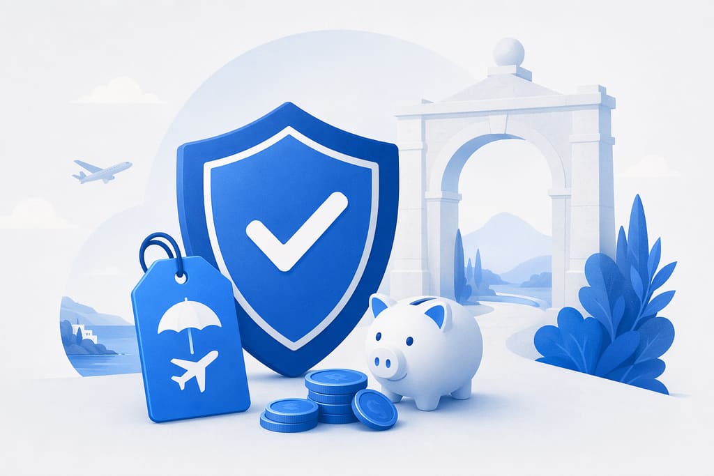 Illustration of an insurance shield with a checkmark beside a price tag, coins and a piggy bank