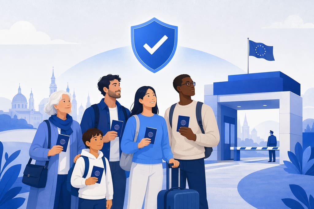 Illustration of a diverse group of international travelers holding passports at a border gateway, under a shield checkmark