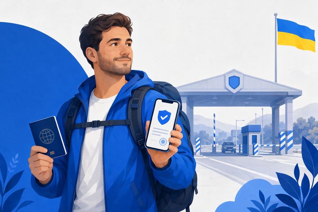 Illustration of a traveler holding a passport and a phone showing an insurance certificate with a shield checkmark, at a Ukrainian border gateway