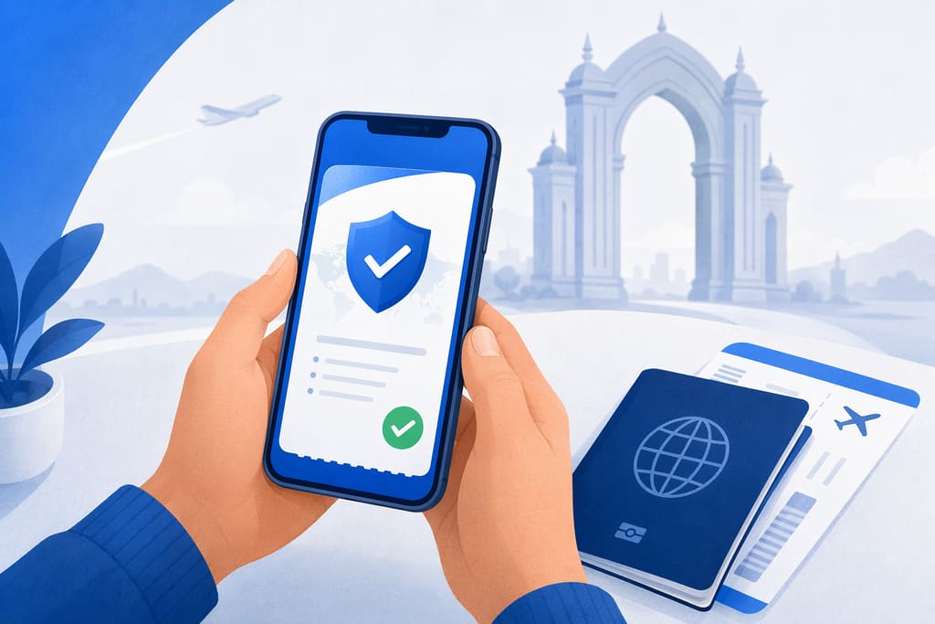Illustration of hands holding a phone that shows a travel insurance certificate with a shield checkmark, beside a passport and a boarding pass