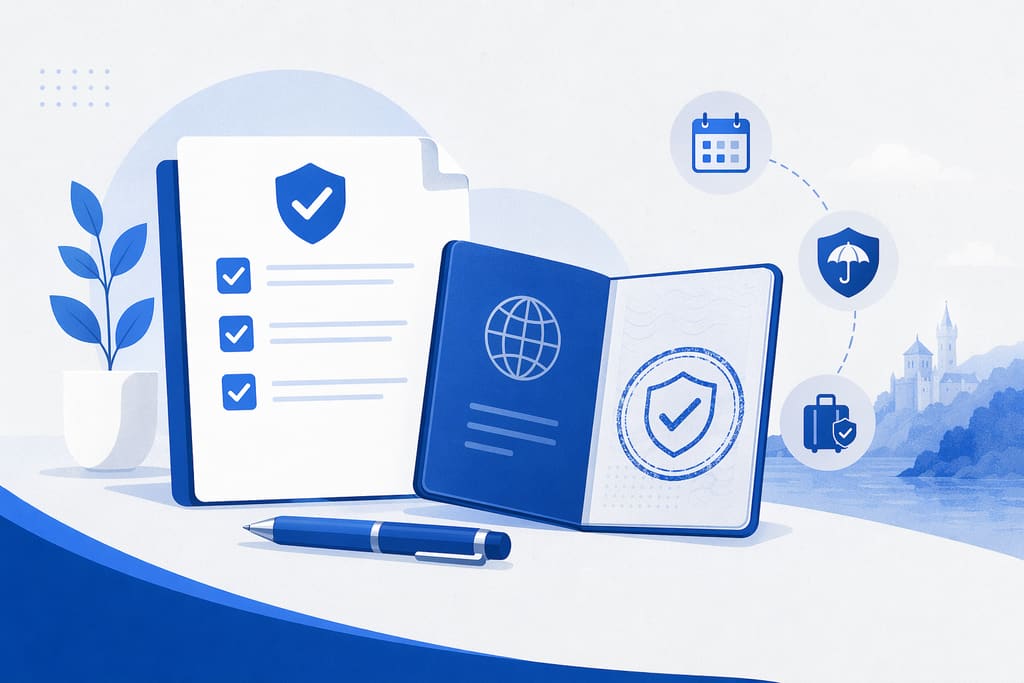 Illustration of a checklist and an open passport with a shield checkmark, with icons for dates and coverage