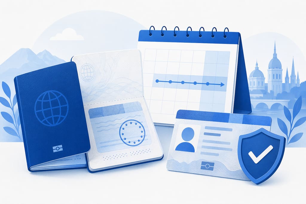 Illustration of a passport with a visa page, a calendar for a long stay, and a residence card with a shield checkmark